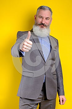 Studio portrait mature businessman dressed in gray suit shows thumb up, successful business concept, yellow background