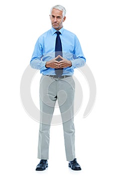 Studio, portrait or mature businessman for serious in suit or office worker with gesture by white background. Senior