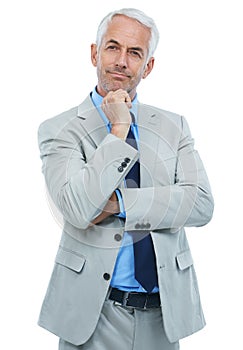 Studio, portrait or mature businessman with thinking in fashion suit or professional worker by white background. Senior