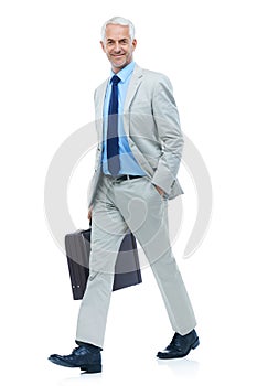 Studio, portrait or mature businessman for walk in confidence or travel with briefcase in professional career. Senior