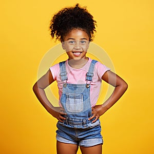 Studio portrait mixed race girl looking standing with her hands on her hips isolated against a yellow background. Cute