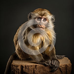 Studio Portrait Of A Monkey On An Old Wood Stump