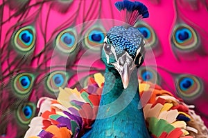 Studio portrait of a peacock wearing knitted hat, scarf and mittens. Colorful winter and cold weather concept