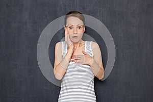 Studio portrait of shocked woman with widened eyes and open mouth