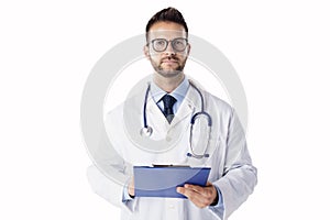 Studio portrait of male doctor standing at isolated white background