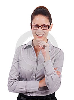 Studio portrait, smile and business woman happy for professional legal work, law firm success or job development