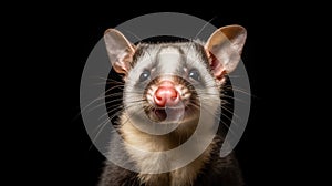 Studio portrait of a smiling possum on a black background. Generative AI