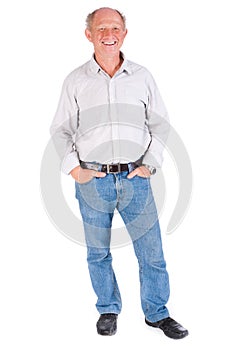 Studio portrait of smiling senior man