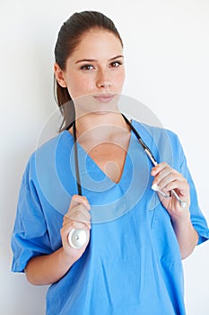 Studio portrait, stethoscope or healthcare nurse ready for nursing career, health care service or cardiology support