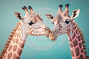 Studio portrait of two giraffes kissing, created with Generative AI technology