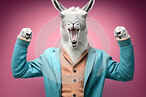 Studio portrait of young happy amazed excited lama in suit, created with Generative AI technology