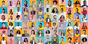 Studio Portraits Of Diverse Happy Multiethnic People Isolated Over Colorful Backgrounds