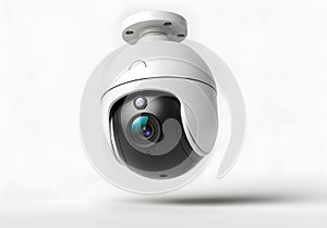 This is a studio product shot of a modern, white security camera.