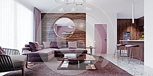 Studio in purple and white colors. Contemporary style with corner sofa, wooden walls with a round mirror, floor terrazzo