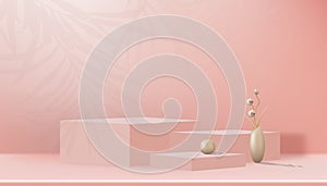 Studio room with rose gold flower bud in vase on cubes box stand and palm leaves on wall background, Gallery room with minimal