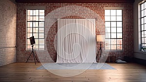 Modern Studio With White Curtain And Brick Wall