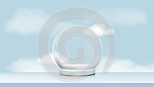 Studio room with Snow Globe and fluffy cloud on blue sky background,Vector illustration. Empty Crystal 3d Sphere. Transparent