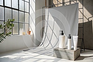 Wall interior with shadow from window white and grey backdrop