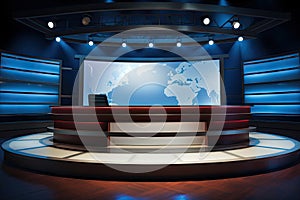 The studio's a news set. Studio TV news program. Newscaster background