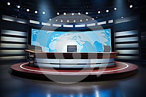 The studio's a news set. Studio TV news program. Newscaster background