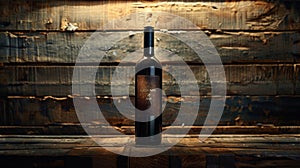 Studio setting with aged wine bottle showcasing detailed label on wooden backdrop