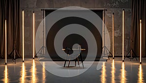 Studio Setup with Black Backdrop and Warm Lighting