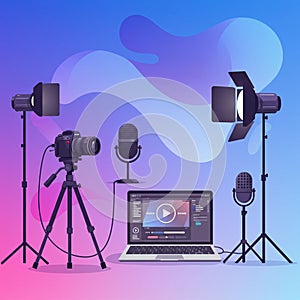 Studio setup for content creation featuring a DSLR camera on a tripod, multiple