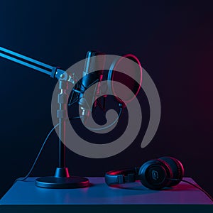 Studio setup featuring a condenser microphone mounted on an adjustable arm stand,