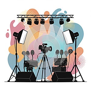 Studio setup illustration featuring camera equipment on tripods, microphones,