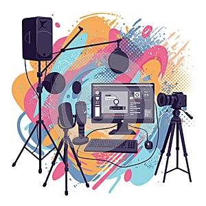 Studio setup illustration featuring a desktop computer with audio editing software, a