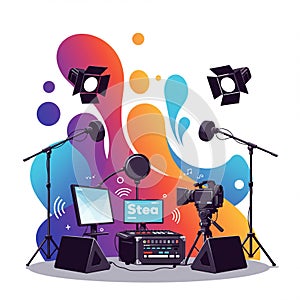 Studio setup illustration with vibrant abstract background. Features two microphones