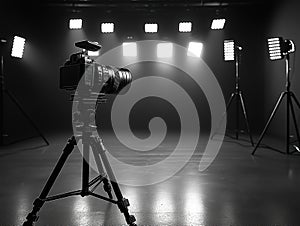 Studio setup with pro camera on tripod. Contrasting lights, shadows create dramatic effect. Empty studio. High tech photo