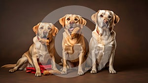 studio shot of 3 cute Labrador Retriever dogs catching treats on an isolated background. Generative AI