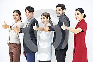 Studio shot Asian Indian male female professional successful businessmen and businesswomen group in formal suit standing in line