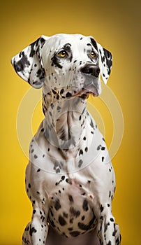 Studio shot of a beautiful Dalmatian dog sitting on yellow background.