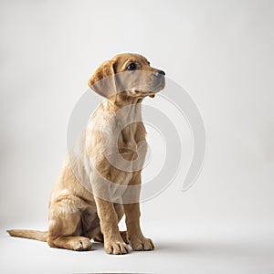 Studio shot of a beautiful purebred golden labrador retriever puppy sitting