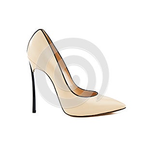 Studio shot of a beige high-heeled female shoe isolated