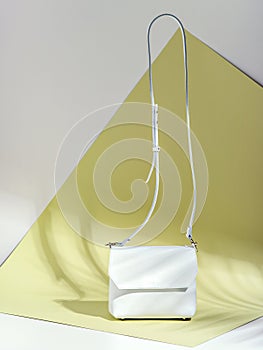 Studio shot of bright glamorous white bag on graphic background.