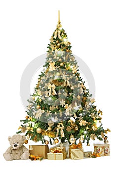 Studio shot of a Christmas tree with golden ornaments  isolated on a white background with lighst and a presents