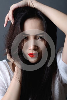 Studio shot, close up face of beautiful asian woman model black