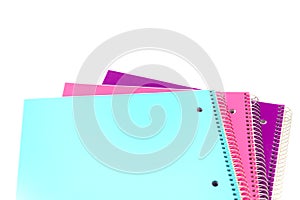 Studio shot colorful spiral 1-subject notebooks isolated on whit