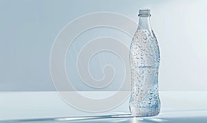 Studio shot of a crystal clear glass bottle mockup showcasing a premium quality mineral water, with droplets condensing on the
