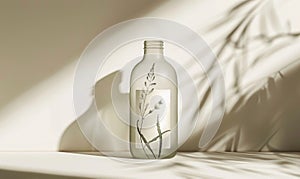 Studio shot of a crystal clear glass bottle mockup showcasing a premium quality mineral water, with droplets condensing on the