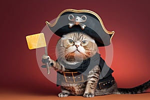 Studio shot of cute cat dressed as pirate holding cred, created with Generative AI technology