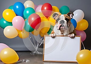 Studio shot of a cute dog with an empty whiteboard behind.