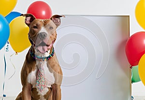 Studio shot of a cute dog with an empty whiteboard behind.