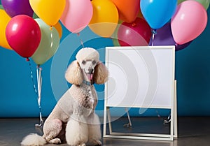 Studio shot of a cute dog with an empty whiteboard behind.