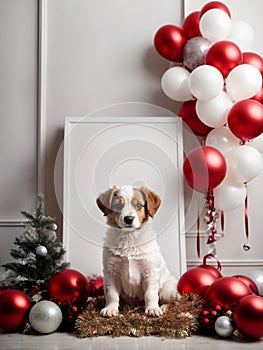 Studio shot of cute puppy. Merry Christmas and Happy New Year decoration