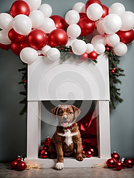 Studio shot of cute puppy. Merry Christmas and Happy New Year decoration - balls, balloons, toys and gifts around. X-mas postcard