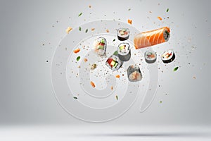 Studio shot of delicious sushi rolls with avocado, salmon, cucumber and seeds, slices and ingredients falling on white background